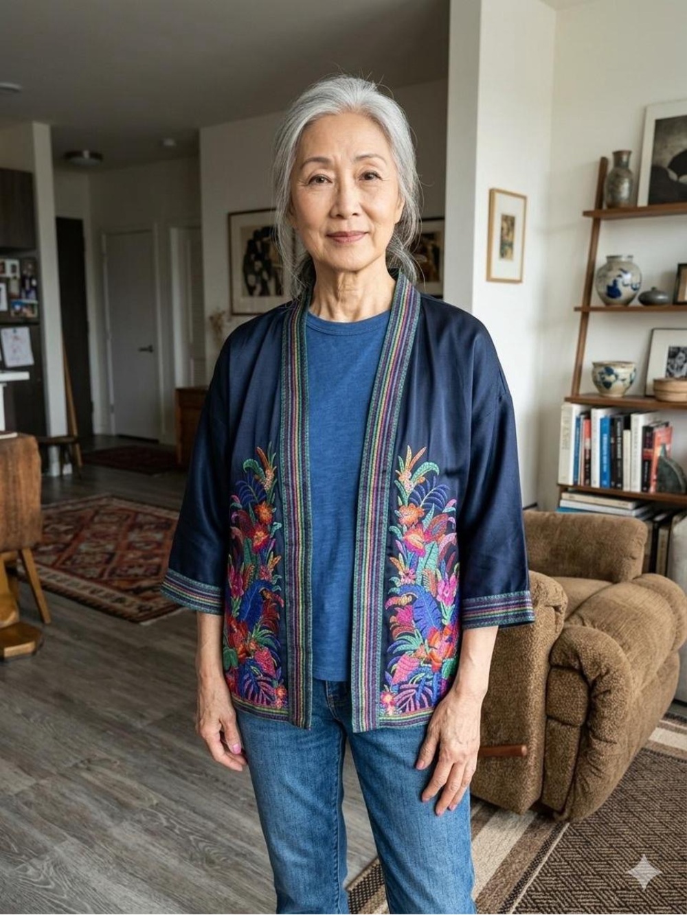 DR2 Kimono Navy Jacket with Multicolor floral pattern